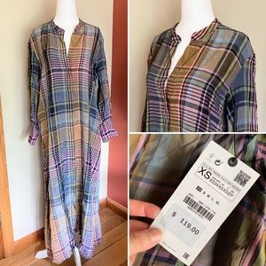 NWT ZARA Rainbow Plaid Long Sleeves Maxi Viscose Shirt Dress Size XS